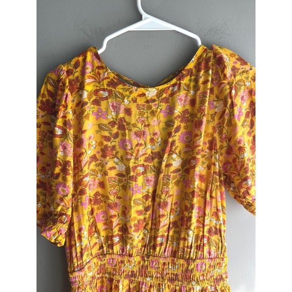Floral Print Dress Smocked Waist Yellow Pink Rust Short Sleeve CasualFeminine - Picture 2 of 10
